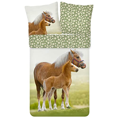 ESPiCO Bettwäsche Trendy Bedding Pferd Pony Fohlen Haflinger Koppel Blumen Blümchen Grün Braun Renforcé, Größe:135 cm x 200 cm von ESPiCO