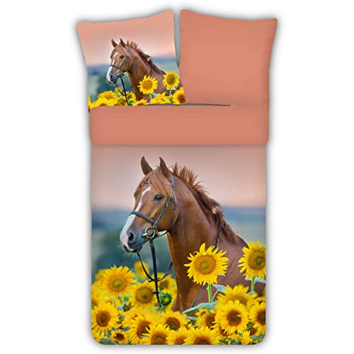 ESPiCO Bettwäsche Trendy Bedding Pferd Sonnenblumen Feld Blumen Landschaft Sonnenuntergang Rosa Bunt Renforcé, Größe:135 cm x 200 cm von ESPiCO