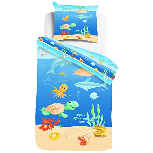 ESPiCO Kinderbettwäsche Sleep and Dream Lustige Meerestiere Fische Delfin Schildkröte Strand Renforcé, Größe:135 cm x 200 cm von ESPiCO