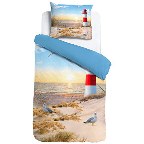 ESPiCO Wende Bettwäsche Sleep and Dream Leuchtturm Bunt Strand Möwe Sturmmöwe Vögel Ostsee Nordsee Sonnenuntergang Düne Renforcé, Größe:155 cm x 220 cm von ESPiCO