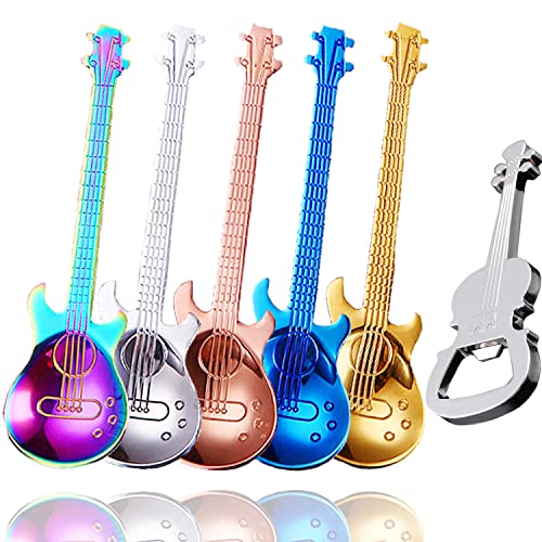 ESRISE Gitarre Kaffeelöffel Set Bunte Edelstahl Gitarren Kaffee Löffel Set， Kleine Zuhause Löffel, Dessertlöffel,Joghurtlöffel, Teelöffel(Multi-6 mit Öffner) von ESRISE