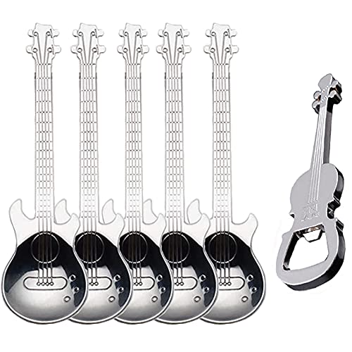 Gitarrenlöffel Kaffee Teelöffel Set, ESRISE Edelstahl Dessertlöffel mit Gitarrenöffner, niedlicher Teelöffel zum Rühren von Getränken, Mixen, Milchshake, Marmelade (Silber) von ESRISE