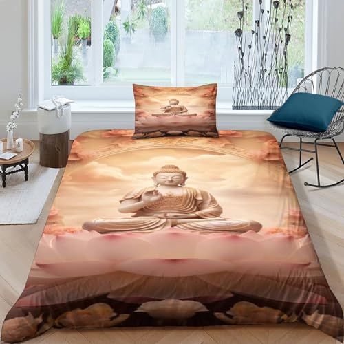 ESSAHI Buddha 3D Gedruckter Bettbezug Set 3 Teilig Buddhist IMagier Bettwäsche Microfaser Bettwäschegarnitur Mit Reißverschluss Und Kissenbezüge Für Kinder Erwachsener Single（135x200cm） von ESSAHI