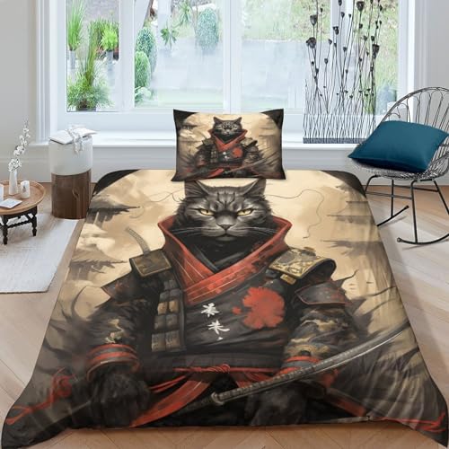 ESSAHI Cat Ninja2 Bettwäschegarnitur 3D Gedruckter Artistic Picture Bettbezug Set Für Kinder Mädchen Jungen Und Kissenbezüge Bettwäsche Reissverschluss Weich Microfaser 2 Teilig Single（135x200cm） von ESSAHI