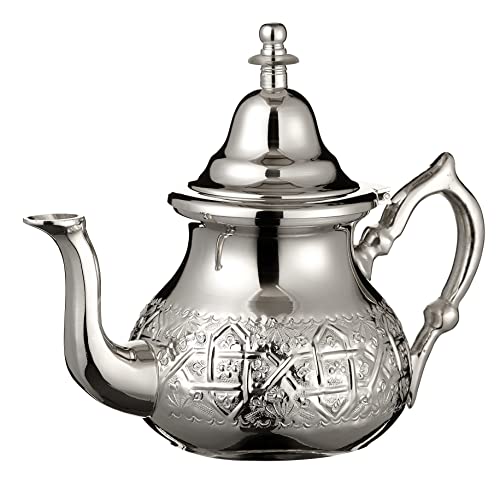 Marokkanische Silber Teekanne Perfekt für Minztee Inklusive Griffabdeckung und Integriertem Filter Authentic mit einem Klassischen Gravierten Design Handgemacht Extra Groß 1 L ca. 10 Teegläser von Essence of Morocco