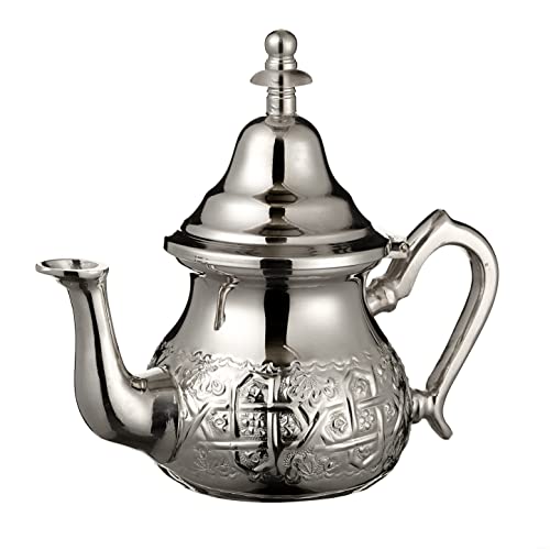 Marokkanische Silber Teekanne Perfekt für Minztee Inklusive Griffabdeckung und Integriertem Filter Authentic mit einem Klassischen Gravierten Design Handgemacht Mittlere Größe 350 ML ca. 3 Teegläser von ESSENCE OF MOROCCO