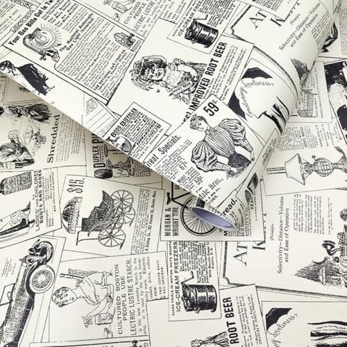 ESSMOKO Retro alte Zeitung im britischen Stil selbstklebende PVC Tapete Wohnheim Dekoration Hintergrundwand Kaffeehaus nostalgische Aufkleber Retro Zeitung 45 * 600cm von ESSMOKO