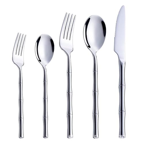 40 Stück Bambus Silber Besteckset Set für 8 Langlebige 18/10 Edelstahl Besteck Sets Haus Küche Hochzeit Restaurant Besteck Utensilien Inklusive Messer Teelöffel Gabeln und Löffel Geschirr Set von ESSONIO