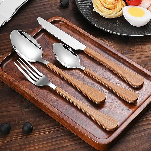 Besteck Holzgriff Geschirrset Besteckset 6 Personen,24 Stück Enthalten Messer Teelöffel Gabeln und Löffel Lebensmittelgeeigneter Edelstahl Delicate Küche Besteck Utensilien Langlebig Formelle Anlässe von ESSONIO