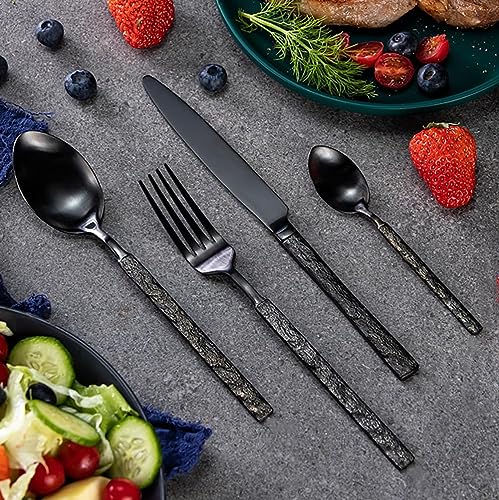 Besteckset 6 Personen Geschirrset Geschnitztes Besteck Edelstahl Schwarz Set, Spiegelpoliertes Cutlery Set, Spülmaschinenfest Beste Geschenkkombination ESSONIO (6 Satz mit 24 Stück) von ESSONIO