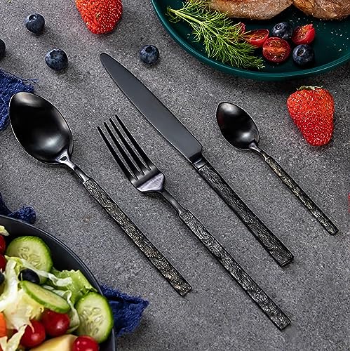 Besteckset 8 Personen Geschirrset Geschnitztes Besteck Edelstahl Schwarz Set, Spiegelpoliertes Cutlery Set, Spülmaschinenfest Beste Geschenkkombination ESSONIO (8 Satz mit 32 Stück) von ESSONIO