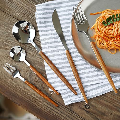 ESSONIO 20 Stück Besteck Set 4 Personen Cutlery Set 18/8 Bestecksets Besteck mit Holzgriff Edelstahl Haus Küche Hochzeit Restaurant Besteck Utensilien enthalten Messer Teelöffel Gabeln Löffel von ESSONIO