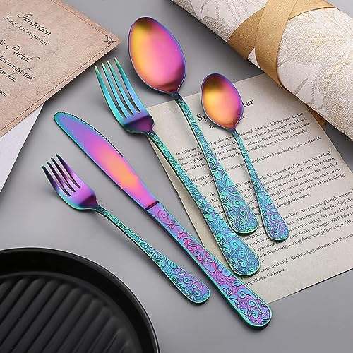 ESSONIO 20 Stück Besteckset Regenbogen Geschirrset 4 Personen Langlebige 18/8 Edelstahl Besteck Sets Haus Küche Hochzeit Restaurant Besteck Utensilien Inklusive Messer Gabeln und Löffel Geschirr Set von ESSONIO