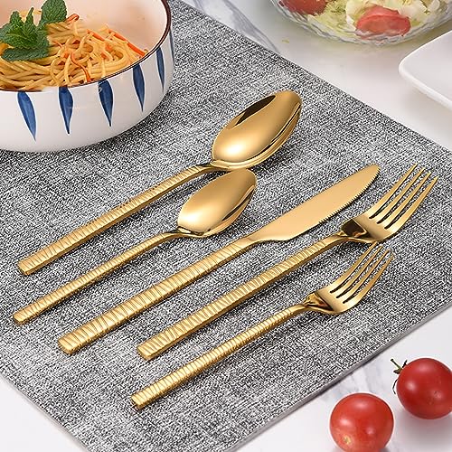 ESSONIO Besteck Gold, Besteckset 10 Personen 50-Stück Luxus-Besteck-Sets 18/10 Stainless Steel, Spiegelpoliertes Besteckset，Spülmaschinenfest, Elegantes Tafelbesteck für Home Geschenkpackung von ESSONIO