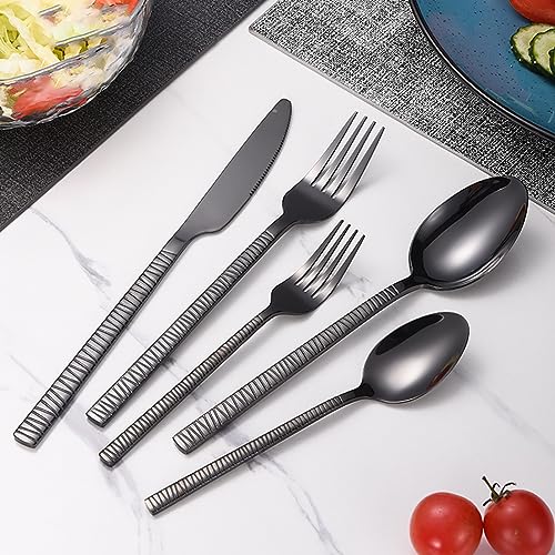 ESSONIO Besteck Schwarz, Besteckset 10 Personen 50-Stück Luxus-Besteck-Sets 18/10 Stainless Steel, Spiegelpoliertes Besteckset，Spülmaschinenfest, Elegantes Tafelbesteck für Home Geschenkpackung von ESSONIO