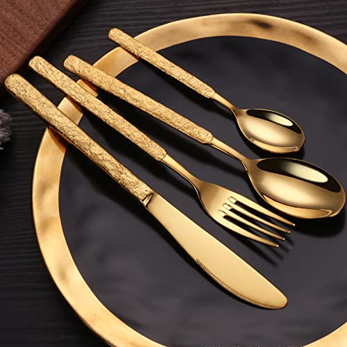 ESSONIO Besteck Set, Besteckset 12 Personen Besteck Gold Griff aus Stein Luxus-Besteck-Sets Edelstahl Spiegelpoliertes Elegantes Tafelbesteck für Home/Wichtige Abendessen (12 Satz mit 48 Stück) von ESSONIO