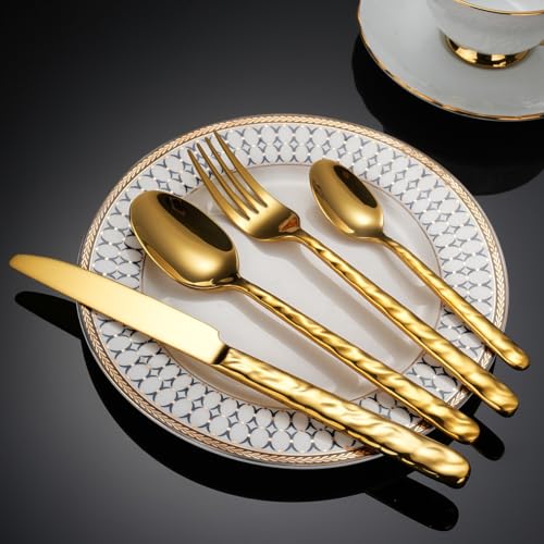 ESSONIO Besteckset Gold Besteck Set 4 Personen 20-Piece Cutlery Set with Welligkeit Handles Spiegelpoliertes Besteckset Spülmaschinenfest Elegantes Tafelbesteck für Home von ESSONIO