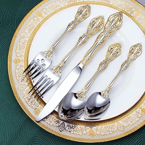 ESSONIO Geschirr Besteck Gold Sets 60 Stück Besteckset 18/10 Edelstahl Service für 12 Langlebig Haus Küche Restaurant Hochzeit Besteck Utensilien Delicate Messer Gabeln und Löffel Geschirrset von ESSONIO