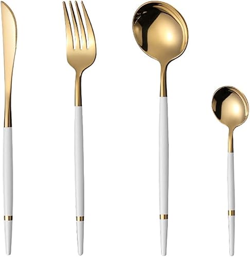 ESSONIO Geschirrset Weiß-Gold 24 Stück Besteckset 6 Personen, 18/10 Lebensmittelechter Edelstahl Besteck Set Delicate Küche Restaurant Besteck Utensilien enthalten Messer Teelöffel Gabeln und Löffel von ESSONIO