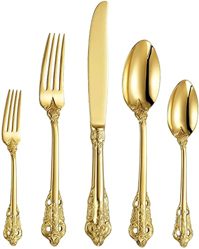 ESSONIO Goldenes Geschirr-Set, 60-teiliges Edelstahl-Besteck-Set für 12 Personen, Küchenutensilien-Set, Geschirr-Besteck-Set für Zuhause und Restaurant von ESSONIO