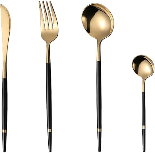 Geschirrset Besteckset Schwarz-Gold 12 Personen,48 Stück Enthalten Messer Teelöffel Gabeln und Löffel Lebensmittelgeeigneter Edelstahl Delicate Küche Besteck Utensilien Langlebig Formelle Anlässe von ESSONIO