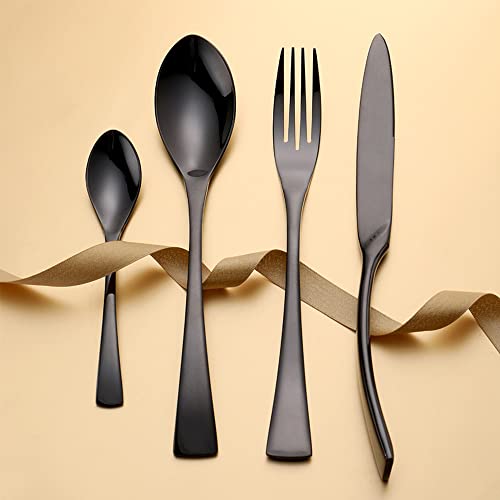 Schwarz Besteck Set, Steak Besteck Set Lebensmittelechtes Edelstahl-Besteck Set 12 Personen, 48-teiliges Geschirr, Essgeschirr für Zuhause und Restaurant, Hochzeit, Halloween, Weihnachten von ESSONIO