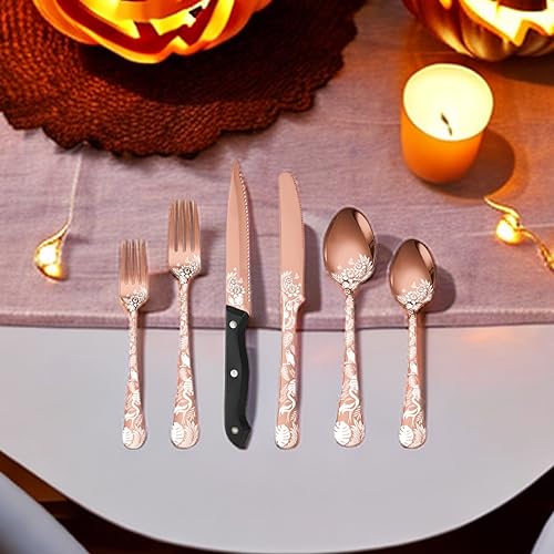 Steakmesser Set für 4 Personen Besteck Rose Gold 24-Teiliges Edelstahl Modernes Design Cutlery Set Besteck mit Steakmesser/Messer/Gabeln/Löffel/Teelöffel Spülmaschinenfest von ESSONIO