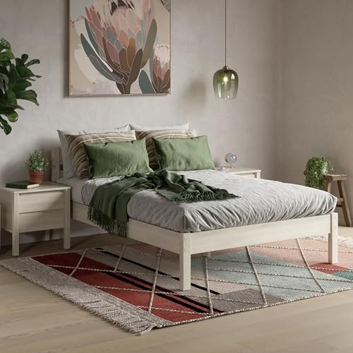 ESTADESIGN Massivholzbett 160x200 cm aus Birke, skandinavisches Design, Doppelbett mit Kopfteil, stabil und geräuschfrei, Farbe Halbweiß, Lieferung ohne Lattenrost – freie Wahl für Ihren Komfort von ESTADESIGN