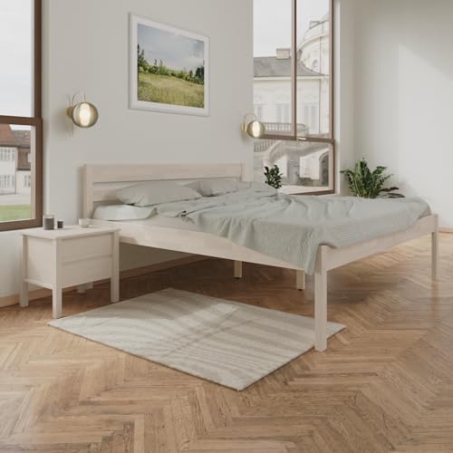 ESTADESIGN Massivholzbett 180x200 cm aus Birke, hohes Doppelbett mit Kopfteil, skandinavisches Design, Farbe Halbweiß, ohne Lattenrost – freie Wahl für Ihren Komfort von ESTADESIGN