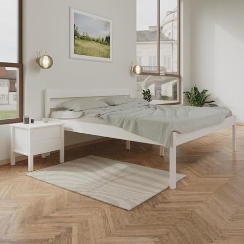 ESTADESIGN Massivholzbett 140x200 cm aus Birke, hohes Doppelbett mit Kopfteil, skandinavisches Design, Farbe Weiß, ohne Lattenrost – freie Wahl für Ihren Komfort von ESTADESIGN