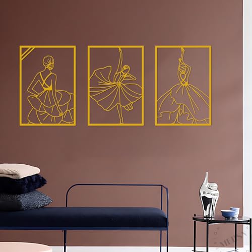 ESTART 3-Stücke Metall Moderne Minimalistische Frau Wand Dekor Abstrakte Linie Zeichnung Weibliche Tänzer Einfache Linie Wandkunst Home Decor für Schlafzimmer Badezimmer Wohnzimmer Dance Room (Gold) von ESTART