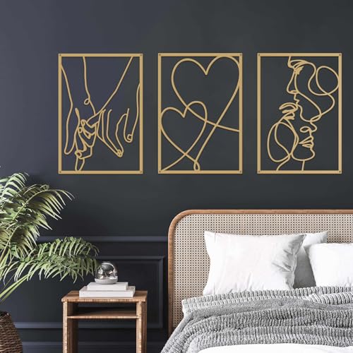 ESTART 3 Stück Metall Minimalistische Linie Wandkunst Valentinstag Liebhaber Kuss Hand Metall Wanddekor Ästhetische Moderne Home Hanging Wall Art Decor für Schlafzimmer Badezimmer Wohnzimmer (Gold) von ESTART