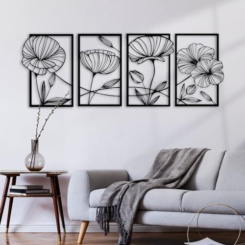 ESTART Dekor 4 Stück Metall Lotusblume Wanddekoration, Abstrakte Blumen Ästhetische Kunst, Minimalistische Hängende Wandskulptur für Wohnzimmer Schlafzimmer Büro Yogazimmer (Schwarz) von ESTART