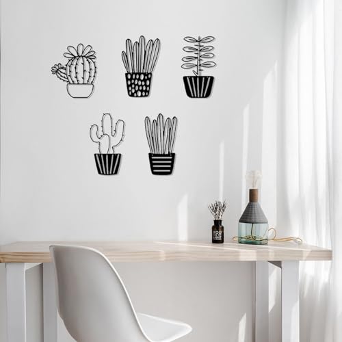 ESTART Kaktus-Wanddekoration aus schwarzem Metall, 5-teilig, moderne und einfache Sukkulenten-Topfblumen-Wandkunst, geeignet für Wohnzimmer, Schlafzimmer, Zimmer und Büro von ESTART