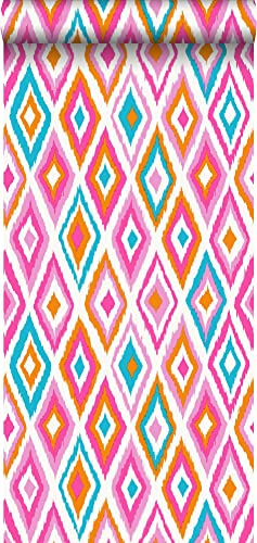 ESTAhome Tapete Ikat-Motiv Rosa, Türkis und Orange - 148631-53 cm x 10,05 m von ESTAhome. NL