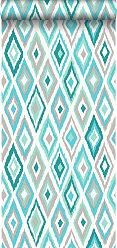 ESTAhome Tapete Ikat-Motiv Türkis und Grau - 148629-53 cm x 10,05 m von Esta Home