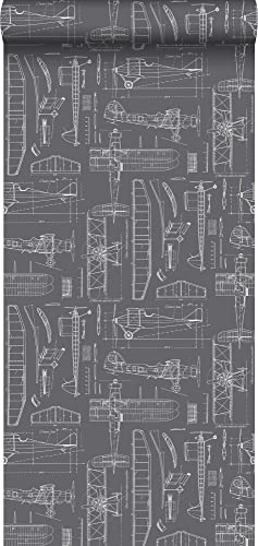 ESTAhome Tapete Kontruktionszeichnungen von Flugzeugen Dunkelgrau - 128813-53 cm x 10,05 m von ESTAhome. NL