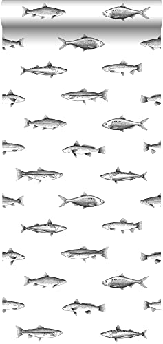 ESTAhome Tapete Federzeichnung Fisch Weiß und Schwarz - 138967-0,53 x 10,05 m von Esta Home