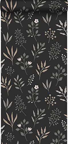 Tapete Blumenmuster im skandinavischen Stil Schwarz, Grau, Beige und Rosa - 139083 - von ESTAhome von Esta Home