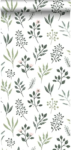 Tapete Blumenmuster im skandinavischen Stil Weiß und Graugrün - 139080 - von ESTAhome von ESTAhome. NL