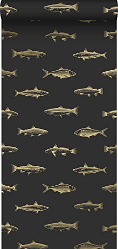 ESTAhome Tapete Federzeichnung Fisch Schwarz und Gold - 139124-0,53 x 10,05 m von Esta Home