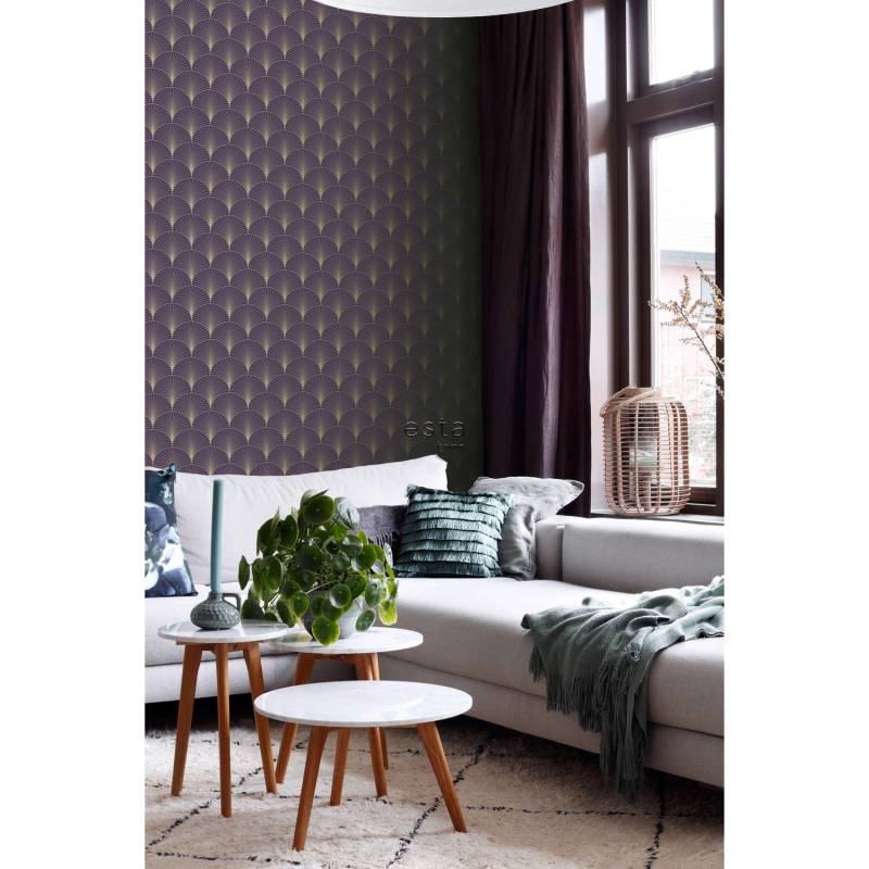 ESTAhome Tapete Art Decó Muster Dunkelviolett und Gold 0,53 x 10,05 m 139577 von ESTAhome