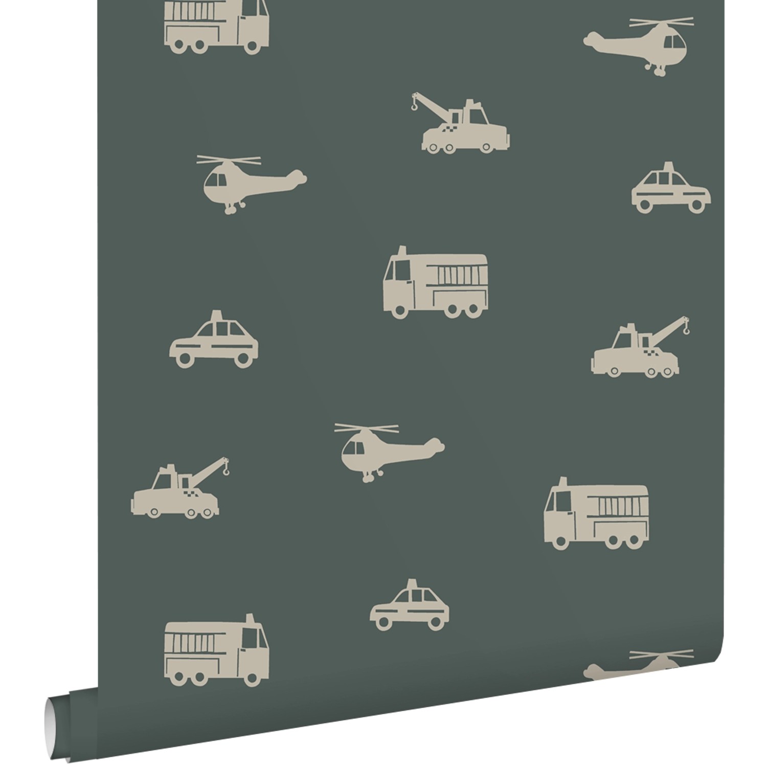 ESTAhome Tapete Autos Löschfahrzeuge Hubschrauber und Kräne Dunkelgrün 53 cm x 10.05 m von ESTAhome