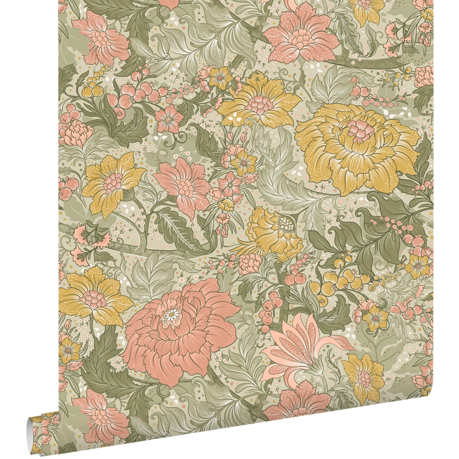 ESTAhome Tapete Blumenmuster Graugrün Rosa und Ockergelb 50 x 900 cm von ESTAhome