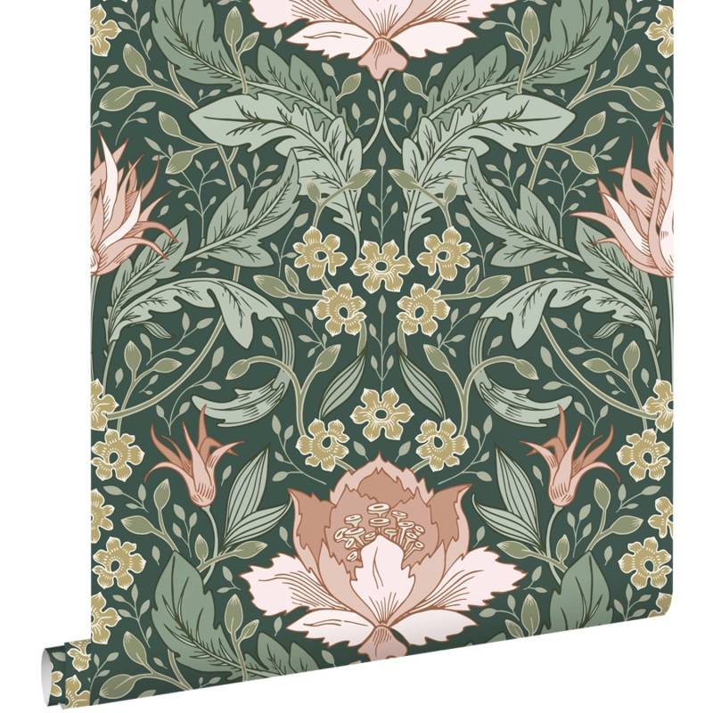 ESTAhome Tapete Blumenmuster im Jugendstil Dunkelgrün und Hellrosa 50 x 900 cm von ESTAhome