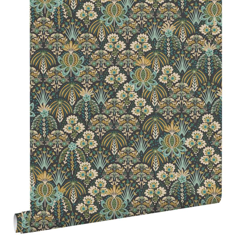 ESTAhome Tapete Blumenmuster im Jugendstil Graugrün Blau und Beige 50 x 900 cm von ESTAhome