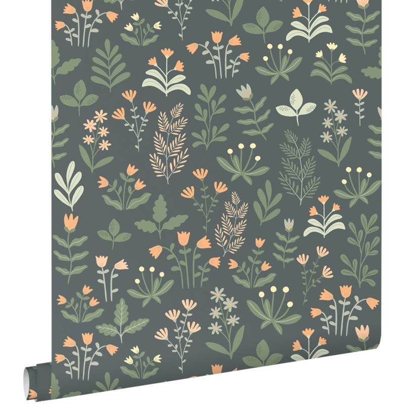 ESTAhome Tapete Feldblumen Graugrün und Orange 50 x 900 cm von ESTAhome