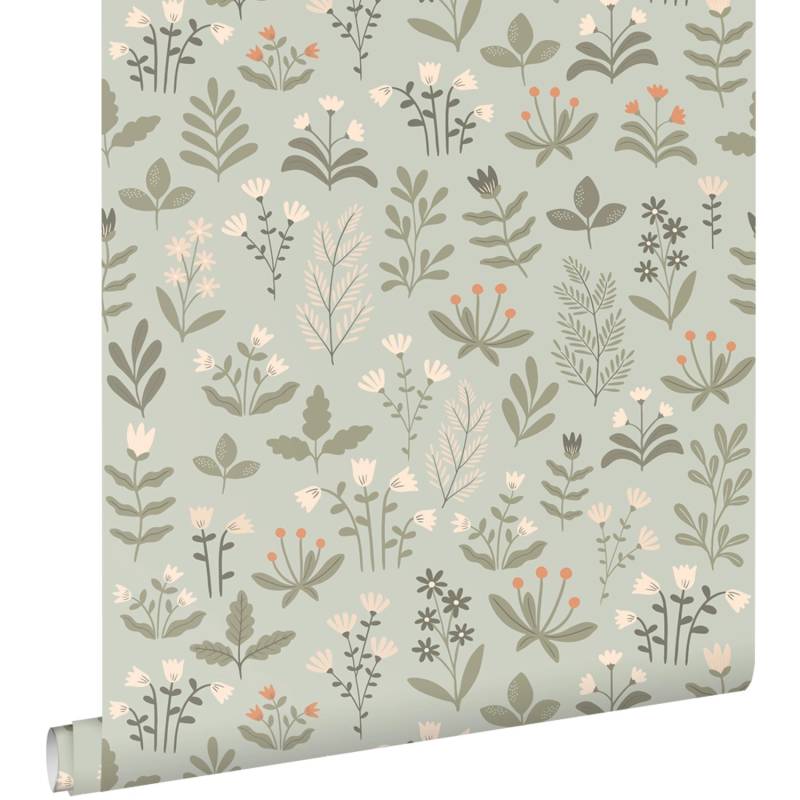 ESTAhome Tapete Feldblumen Hell Graugrün und Beige 50 x 900 cm von ESTAhome
