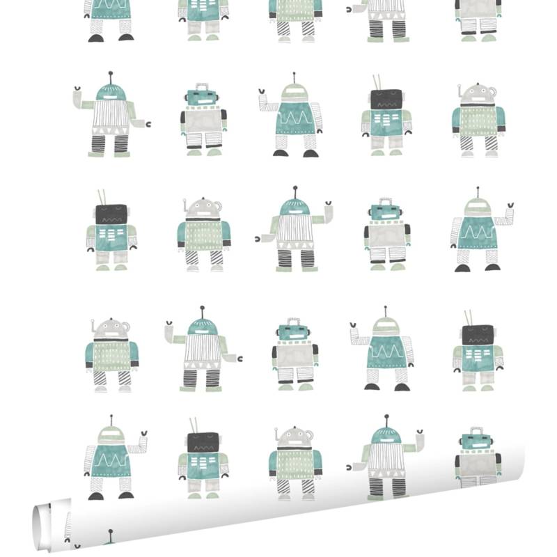 ESTAhome Tapete Gezeichnete Vintage Spielzeug Roboter Mintgrün Und Blau 53 Cm X 1005 Cm 138938 von ESTAhome