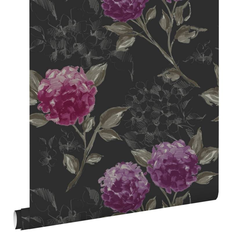 ESTAhome Tapete Hortensien Schwarz und Aubergineviolett 53 cm x 10,05 m 128025 von ESTAhome